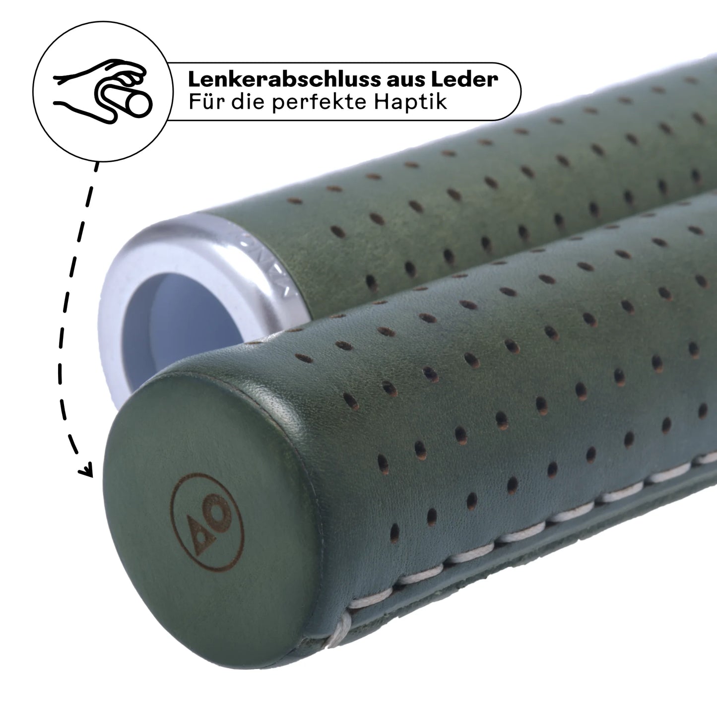 Manoli Fahrradgriffe Leder grün (Cypressa) mit hochwertigem Lenkerabschluss aus Leder – perfekte Haptik und edles Design für Brompton und Falträder. Handgefertigt für maximalen Komfort und Langlebigkeit.