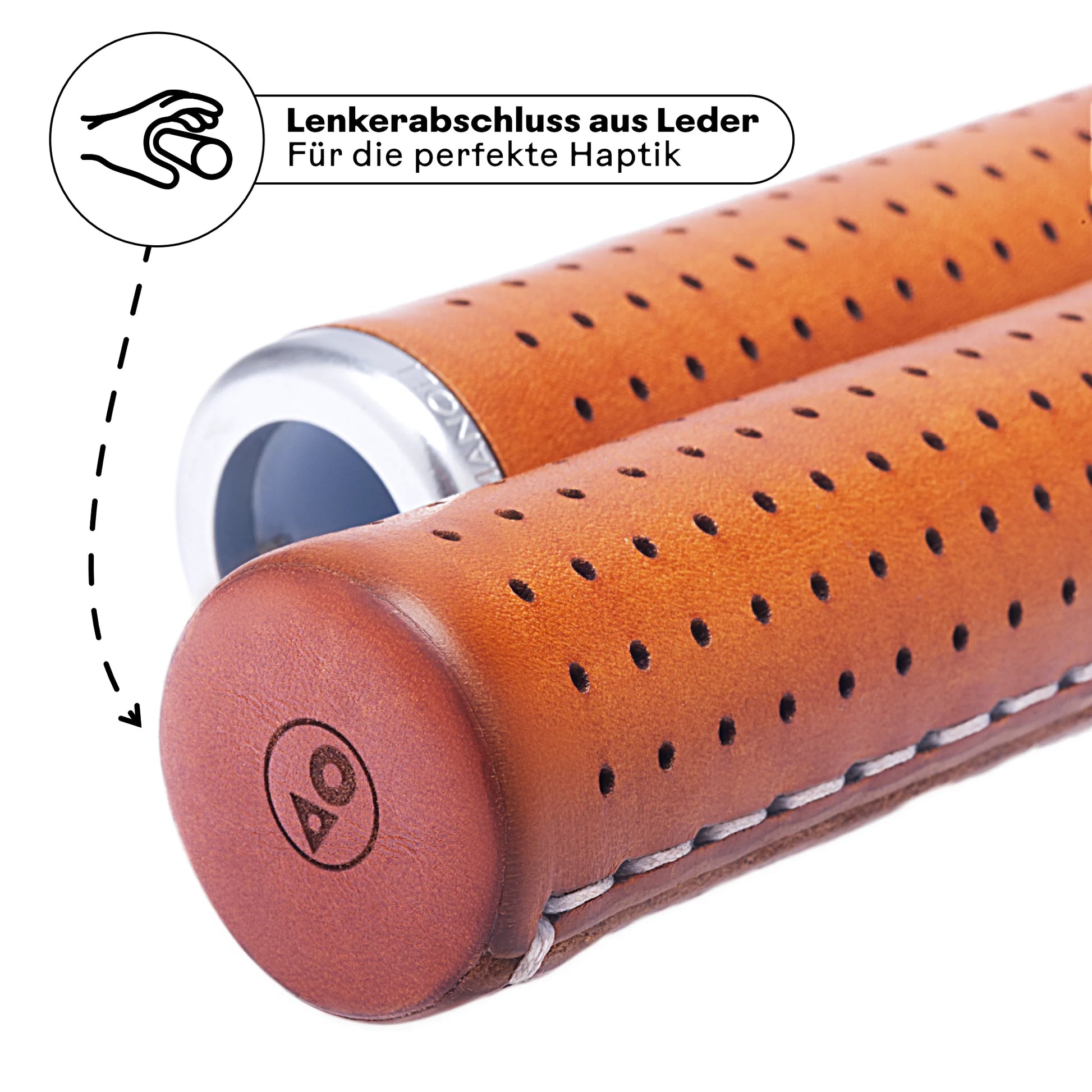 Manoli Fahrradgriffe Leder hellbraun (Honey) mit hochwertigem Lenkerabschluss aus Leder – perfekte Haptik und edles Design für Brompton und Falträder. Handgefertigt für maximalen Komfort und Langlebigkeit.