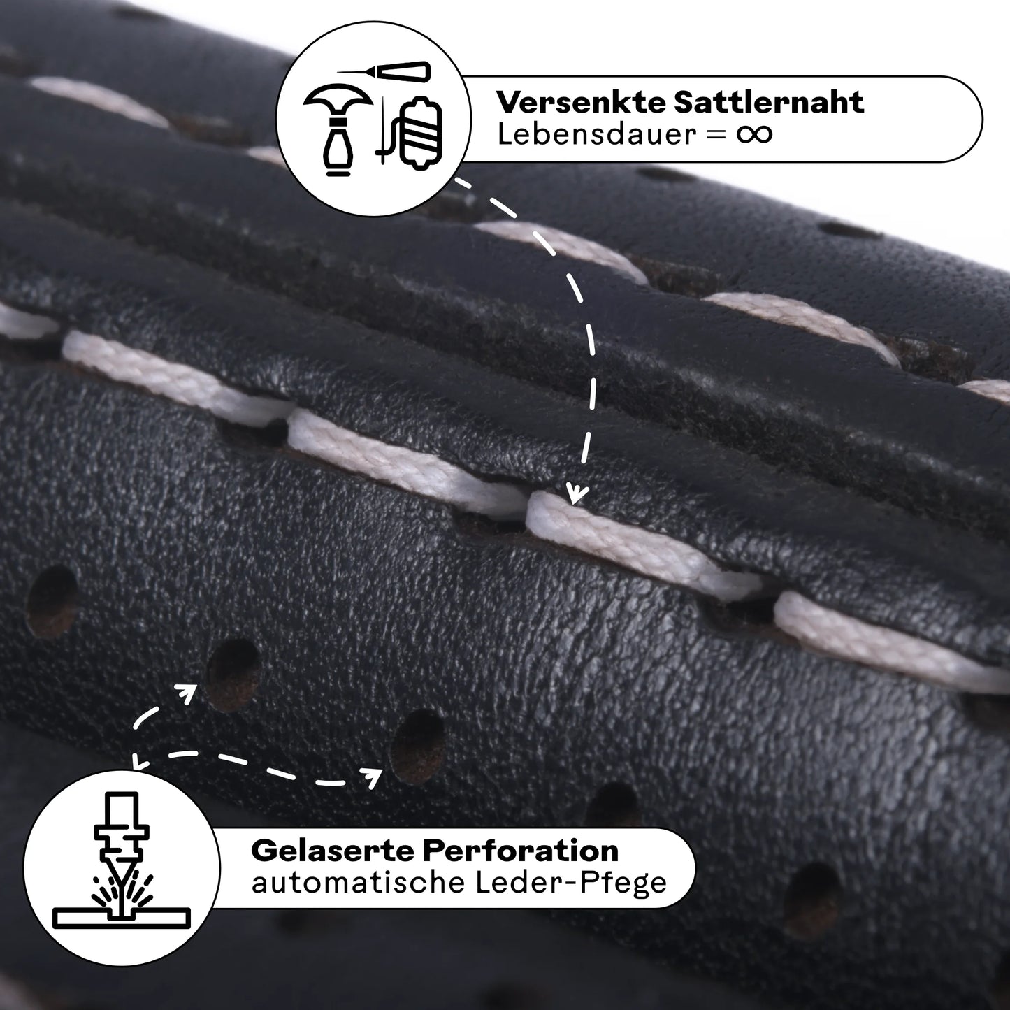 Detailaufnahme von handgefertigten Fahrradgriffen mit versenkter Sattlernaht für maximale Langlebigkeit und gelaserter Perforation zur automatischen Lederpflege. Hochwertige Verarbeitung für besten Grip und Komfort.