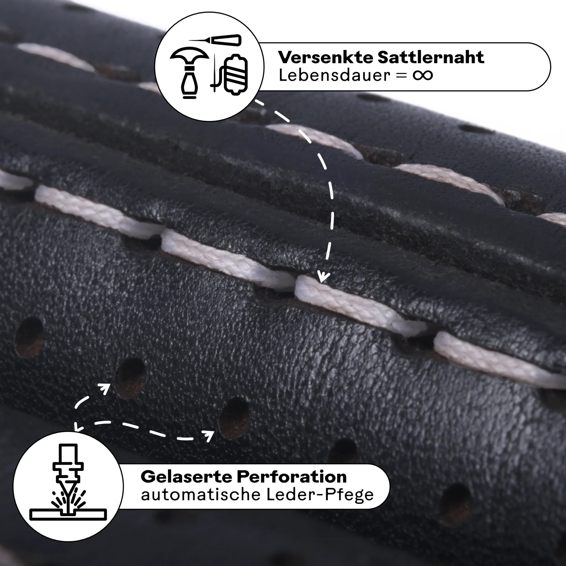 Detailaufnahme von handgefertigten Fahrradgriffen mit versenkter Sattlernaht für maximale Langlebigkeit und gelaserter Perforation zur automatischen Lederpflege. Hochwertige Verarbeitung für besten Grip und Komfort.