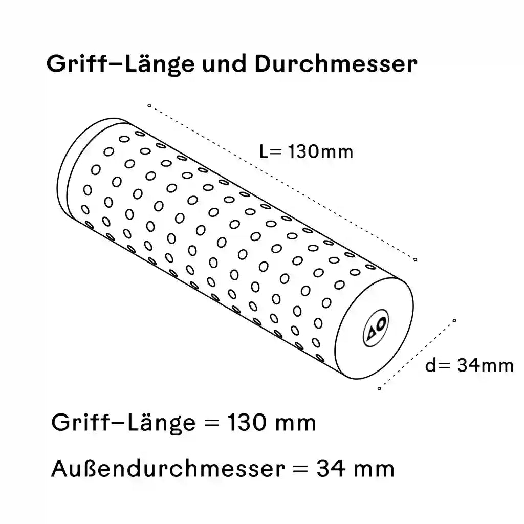 Technische Zeichnung von schwarzen Fahrradgriffen aus Leder mit 130 mm Länge und 34 mm Außendurchmesser. Perfekte Passform für Brompton- und andere Falträder. Ergonomisch, langlebig und stilvoll – ideal für anspruchsvolle Radfahrer.