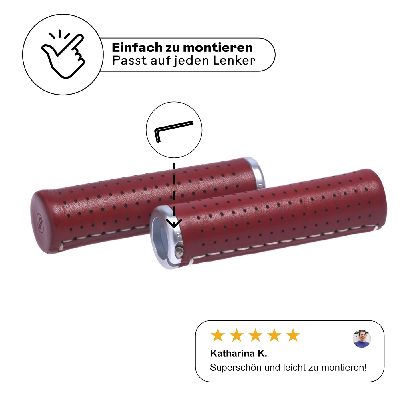 Fahrradgriffe aus Leder rot (Bordeaux) mit einfacher Schraubmontage – passt auf jeden Lenker. Hochwertige Verarbeitung mit silbernen Aluminium-Klemmen für sicheren Halt. Kundenbewertung: 'Superschön und leicht zu montieren!' Perfekt für stilbewusste Radfahrer.