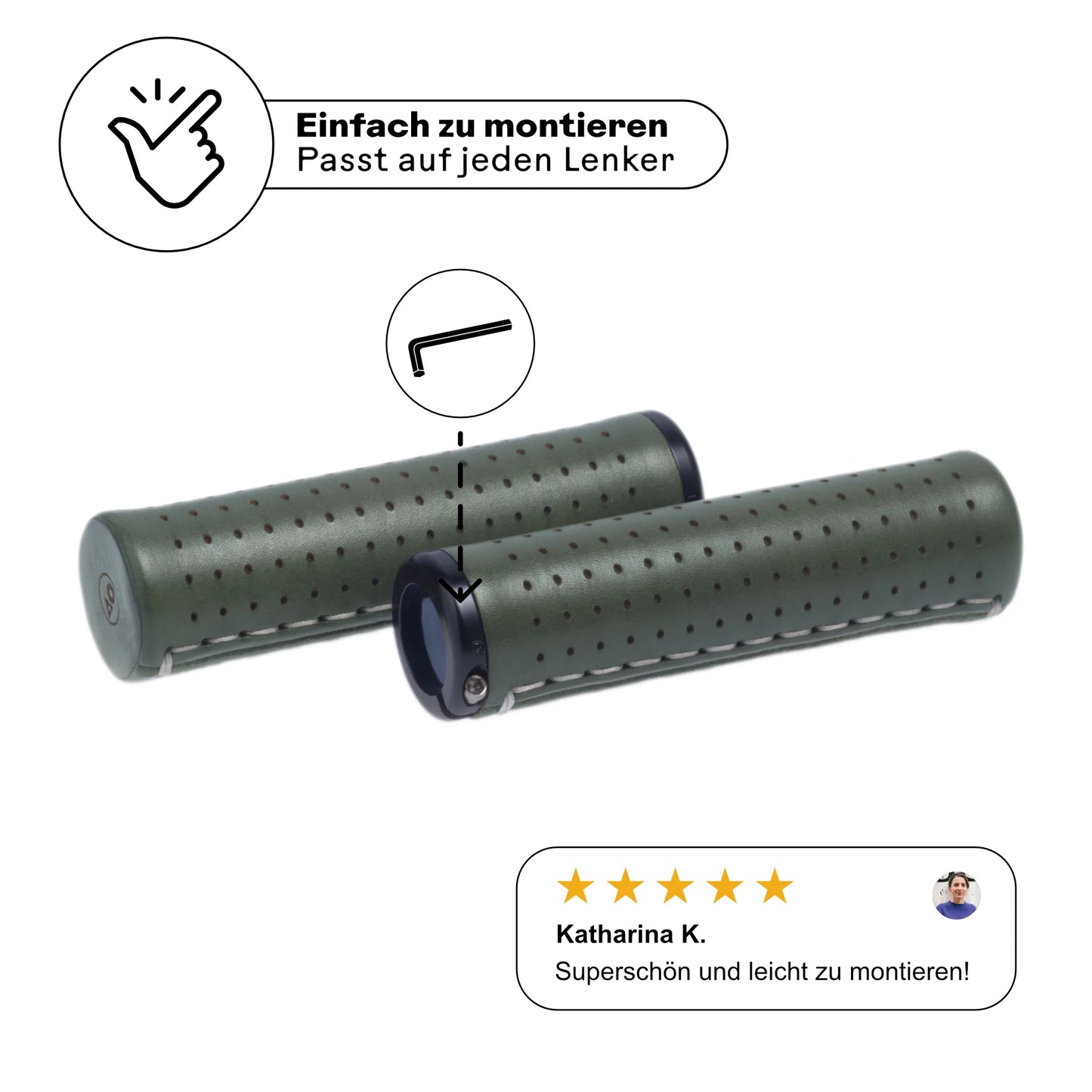 Fahrradgriffe aus Leder grün (Cypressa) mit einfacher Schraubmontage – passt auf jeden Lenker. Hochwertige Verarbeitung mit schwarzen Aluminium-Klemmen für sicheren Halt. Kundenbewertung: 'Superschön und leicht zu montieren!' Perfekt für stilbewusste Radfahrer.