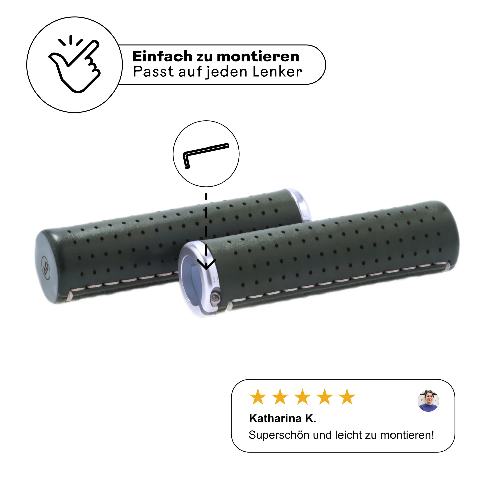 Fahrradgriffe aus Leder grün (Cypressa) mit einfacher Schraubmontage – passt auf jeden Lenker. Hochwertige Verarbeitung mit silbernen Aluminium-Klemmen für sicheren Halt. Kundenbewertung: 'Superschön und leicht zu montieren!' Perfekt für stilbewusste Radfahrer.