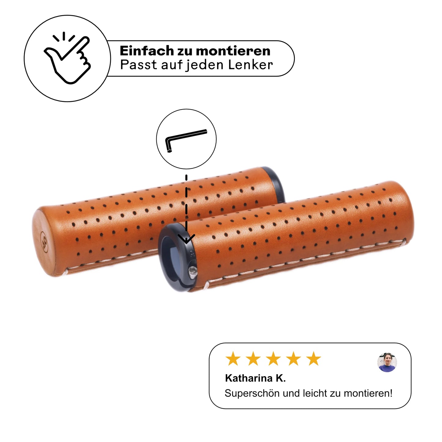 Fahrradgriffe aus Leder hellbraun (Honey) mit einfacher Schraubmontage – passt auf jeden Lenker. Hochwertige Verarbeitung mit schwarzen Aluminium-Klemmen für sicheren Halt. Kundenbewertung: 'Superschön und leicht zu montieren!' Perfekt für stilbewusste Radfahrer.