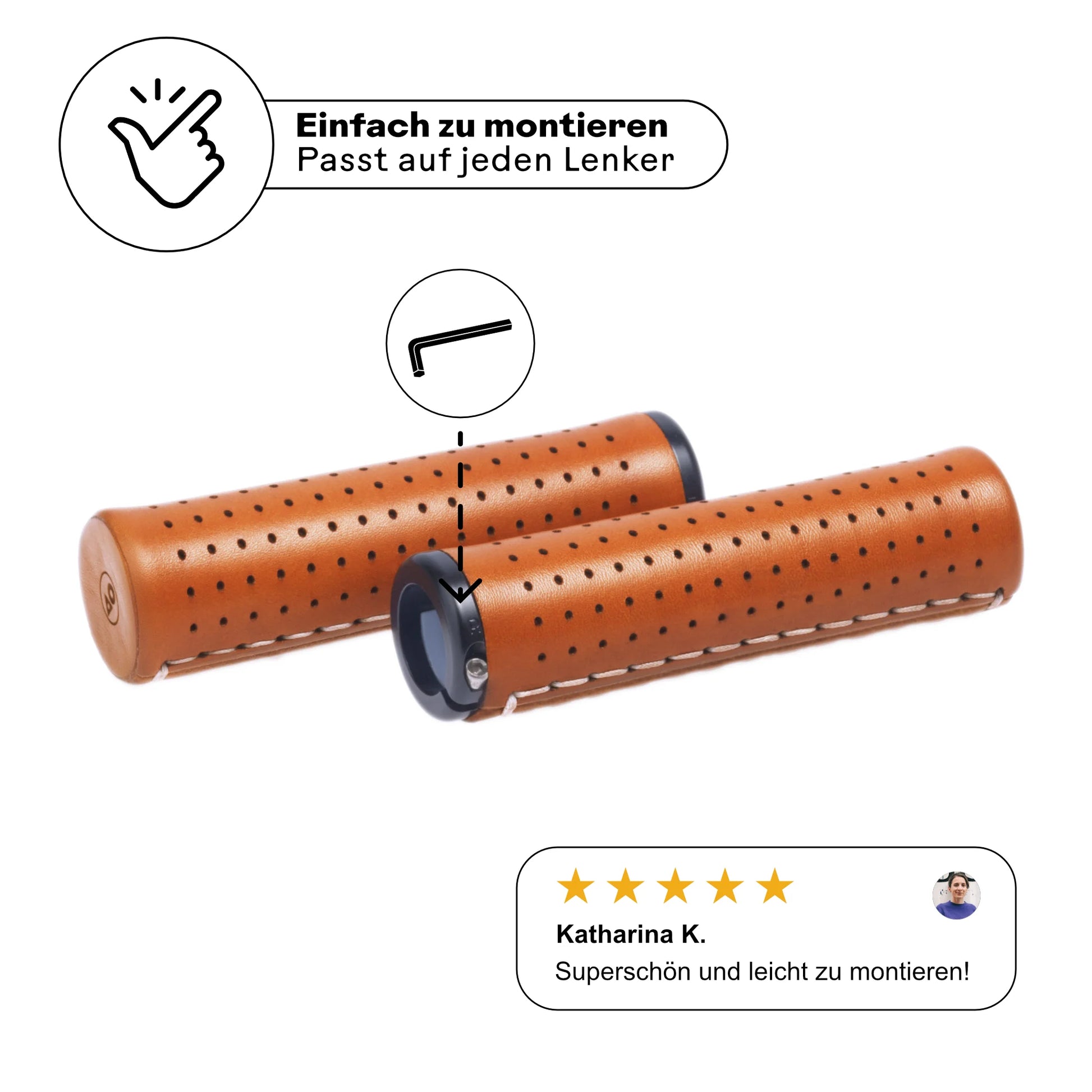 Fahrradgriffe aus Leder hellbraun (Honey) mit einfacher Schraubmontage – passt auf jeden Lenker. Hochwertige Verarbeitung mit schwarzen Aluminium-Klemmen für sicheren Halt. Kundenbewertung: 'Superschön und leicht zu montieren!' Perfekt für stilbewusste Radfahrer.