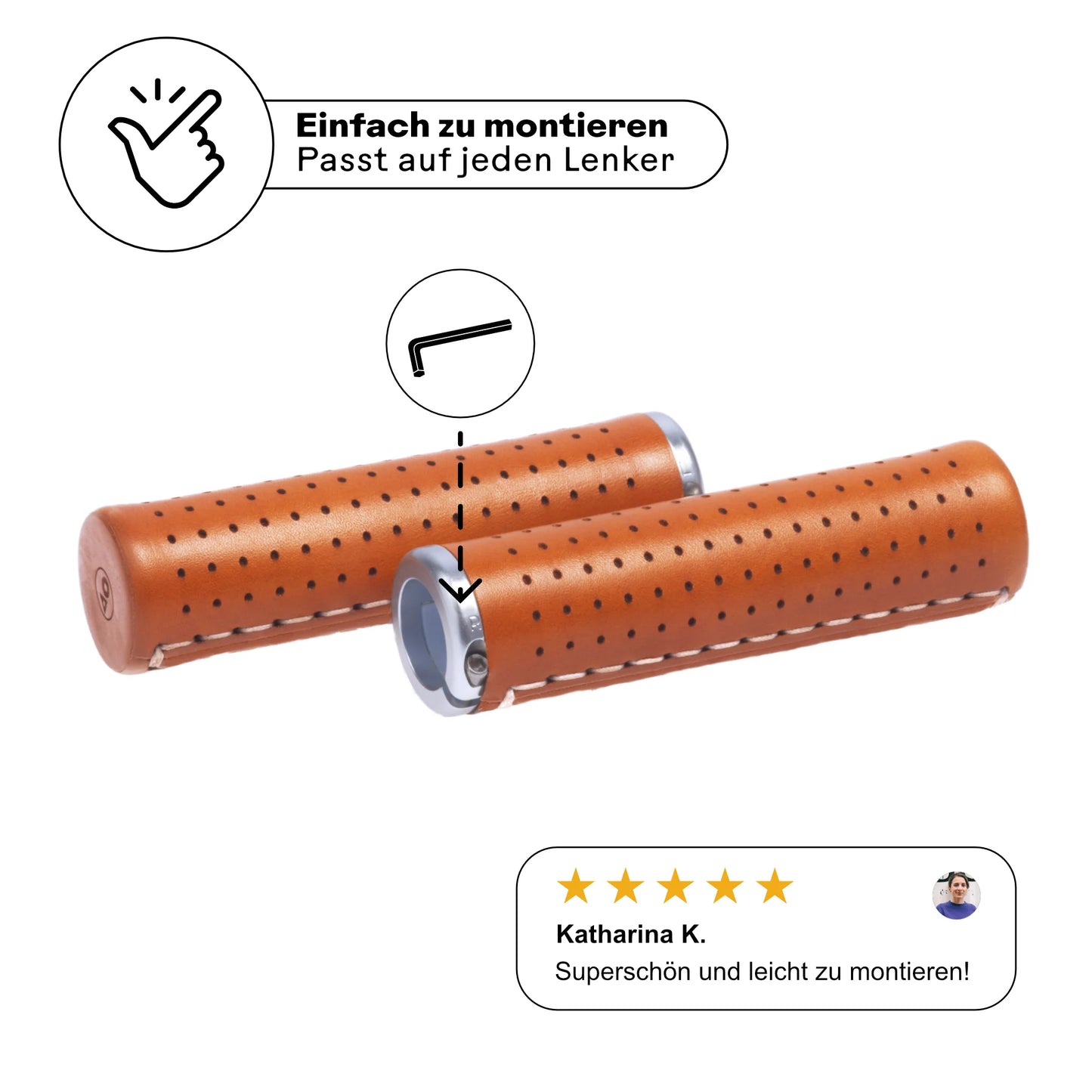 Fahrradgriffe aus Leder hellbraun (Honey) mit einfacher Schraubmontage – passt auf jeden Lenker. Hochwertige Verarbeitung mit silbernen Aluminium-Klemmen für sicheren Halt. Kundenbewertung: 'Superschön und leicht zu montieren!' Perfekt für stilbewusste Radfahrer.