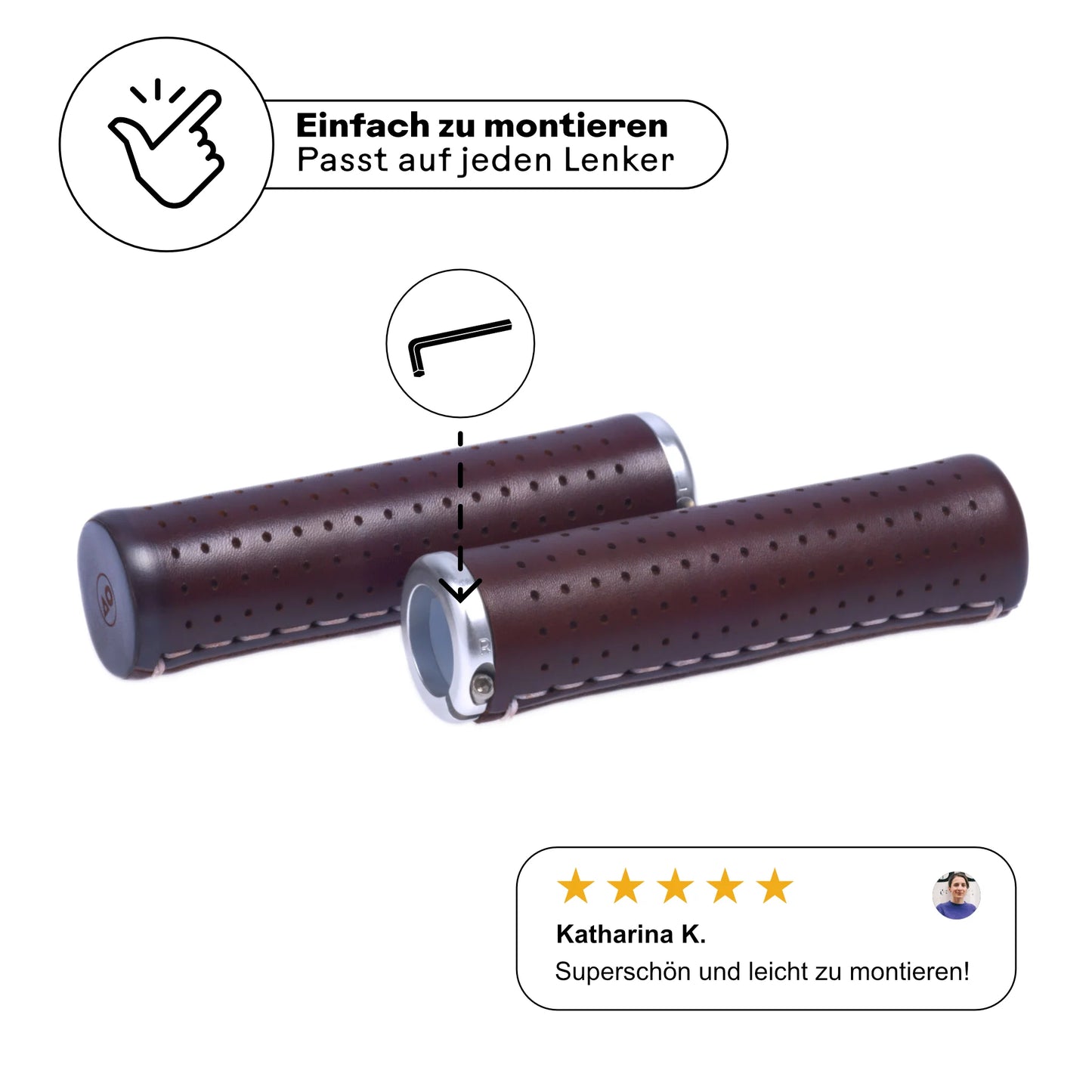 Fahrradgriffe aus Leder dunkelbraun (Mocca) mit einfacher Schraubmontage – passt auf jeden Lenker. Hochwertige Verarbeitung mit silbernen Aluminium-Klemmen für sicheren Halt. Kundenbewertung: 'Superschön und leicht zu montieren!' Perfekt für stilbewusste Radfahrer.
