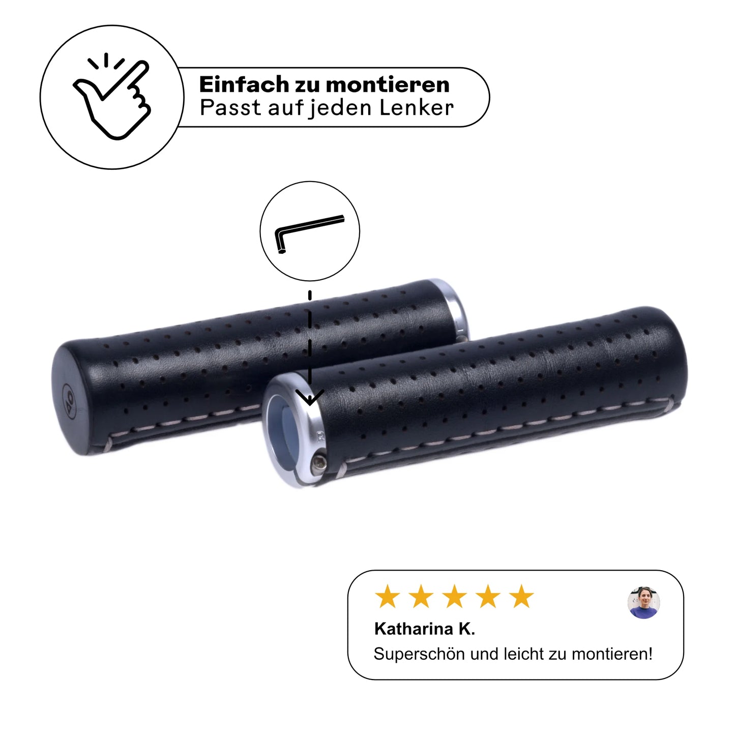 Fahrradgriffe aus Leder schwarz (Nero) mit einfacher Schraubmontage – passt auf jeden Lenker. Hochwertige Verarbeitung mit silbernen Aluminium-Klemmen für sicheren Halt. Kundenbewertung: 'Superschön und leicht zu montieren!' Perfekt für stilbewusste Radfahrer.
