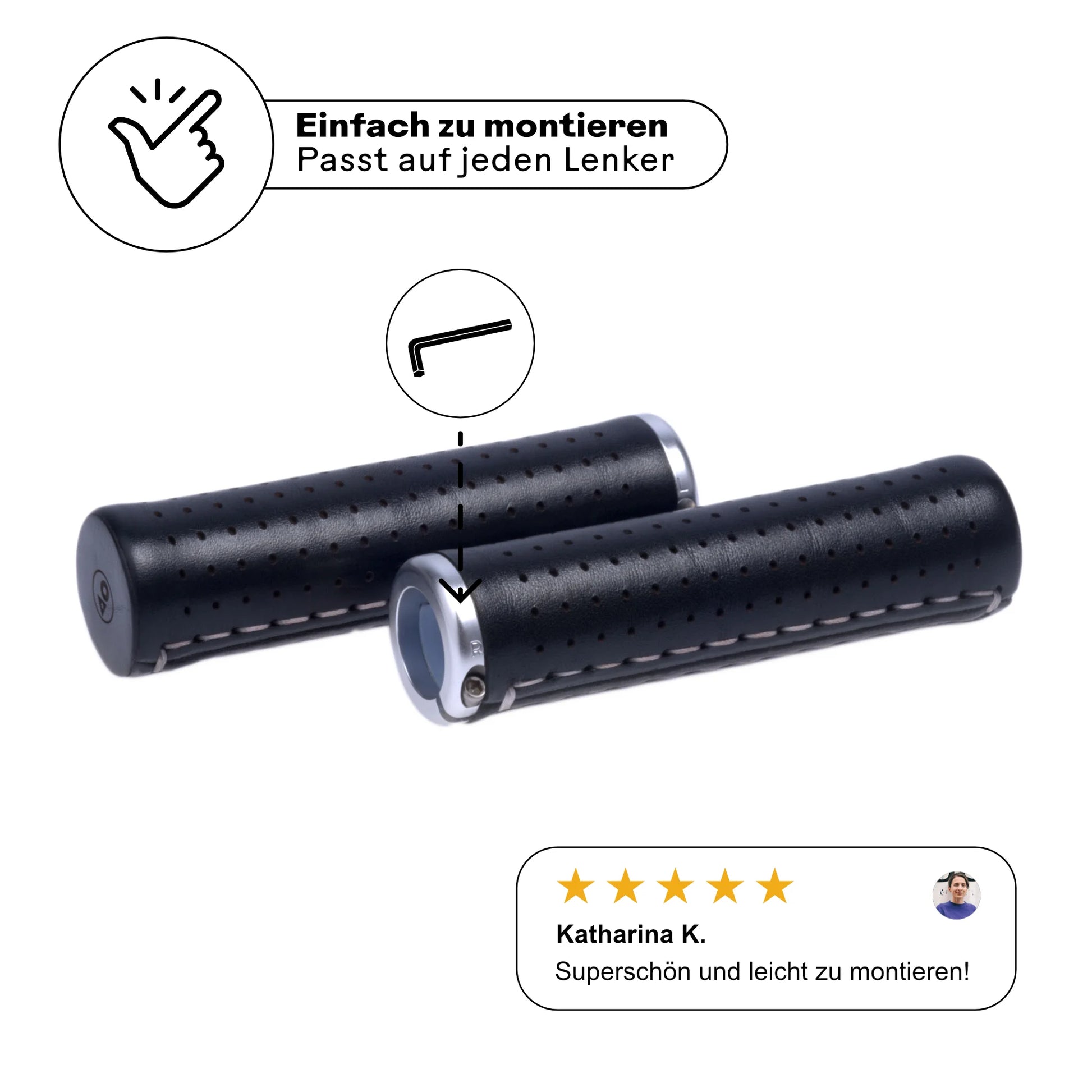 Fahrradgriffe aus Leder schwarz (Nero) mit einfacher Schraubmontage – passt auf jeden Lenker. Hochwertige Verarbeitung mit silbernen Aluminium-Klemmen für sicheren Halt. Kundenbewertung: 'Superschön und leicht zu montieren!' Perfekt für stilbewusste Radfahrer.