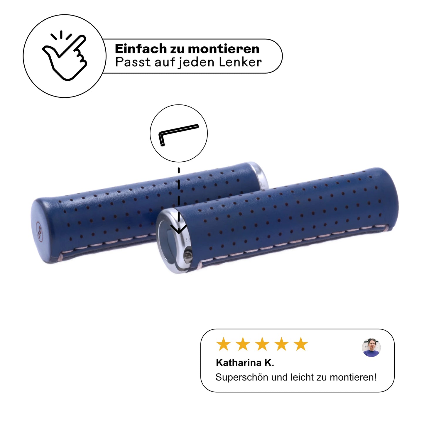 Fahrradgriffe aus Leder blau (Uva Blu) mit einfacher Schraubmontage – passt auf jeden Lenker. Hochwertige Verarbeitung mit silbernen Aluminium-Klemmen für sicheren Halt. Kundenbewertung: 'Superschön und leicht zu montieren!' Perfekt für stilbewusste Radfahrer.