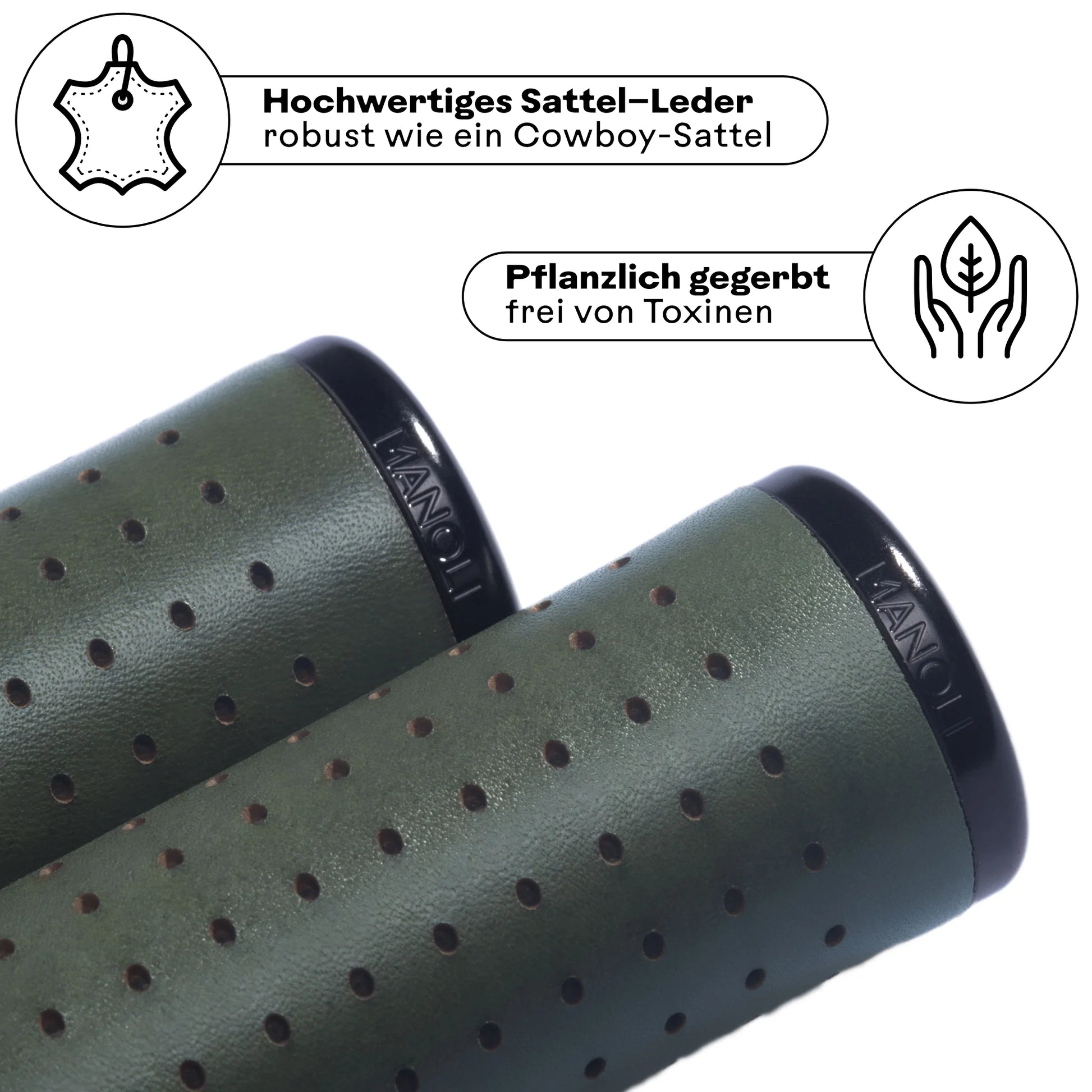 Manoli Fahrradgriffe aus hochwertigem, pflanzlich gegerbtem Sattelleder Grün (Cypressa) mit schwarzem Klemmring – robust wie ein Cowboy-Sattel und frei von Toxinen. Perfekt für stilbewusste Radfahrer, die langlebige und nachhaltige Ledergriffe für ihr Brompton oder Faltrad suchen.