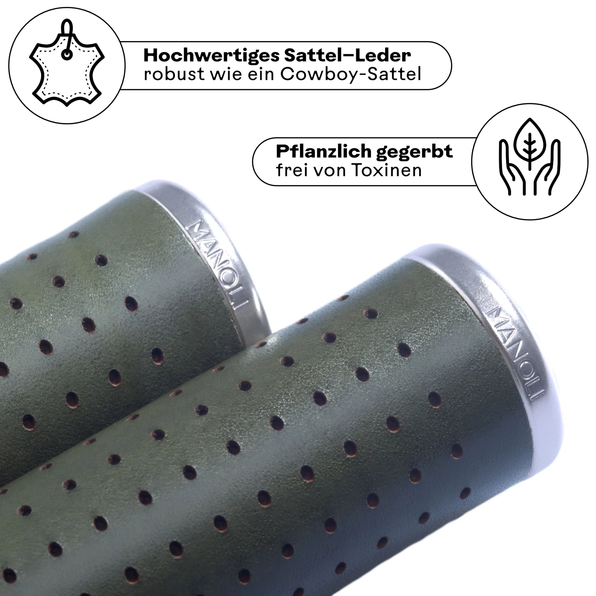 Manoli Fahrradgriffe aus hochwertigem, pflanzlich gegerbtem Sattelleder Grün (Cypressa) mit Silber Klemmring – robust wie ein Cowboy-Sattel und frei von Toxinen. Perfekt für stilbewusste Radfahrer, die langlebige und nachhaltige Ledergriffe für ihr Brompton oder Faltrad suchen.