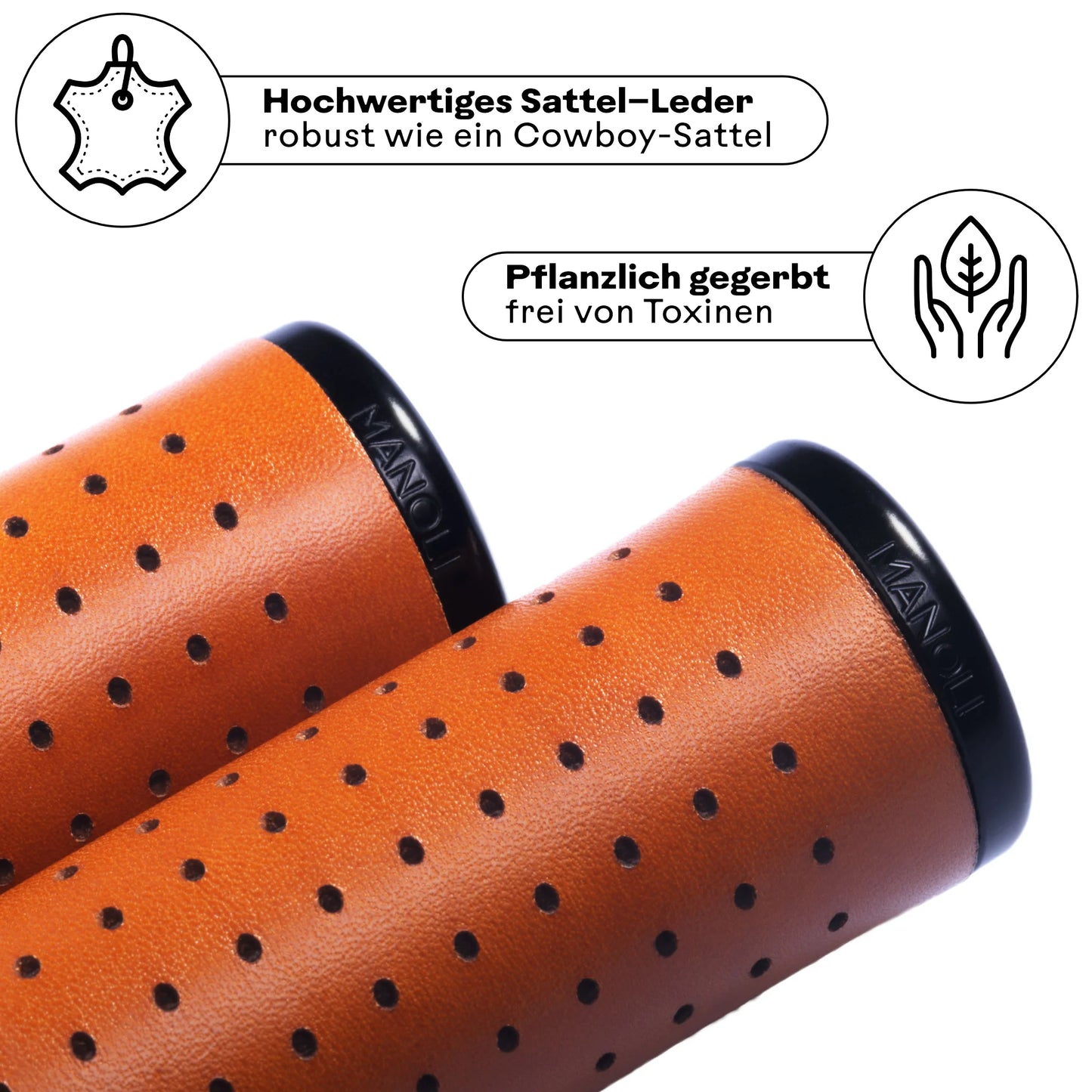 Manoli Fahrradgriffe aus hochwertigem, pflanzlich gegerbtem Sattelleder Hellbraun (Honey) mit schwarzem Klemmring – robust wie ein Cowboy-Sattel und frei von Toxinen. Perfekt für stilbewusste Radfahrer, die langlebige und nachhaltige Ledergriffe für ihr Brompton oder Faltrad suchen.