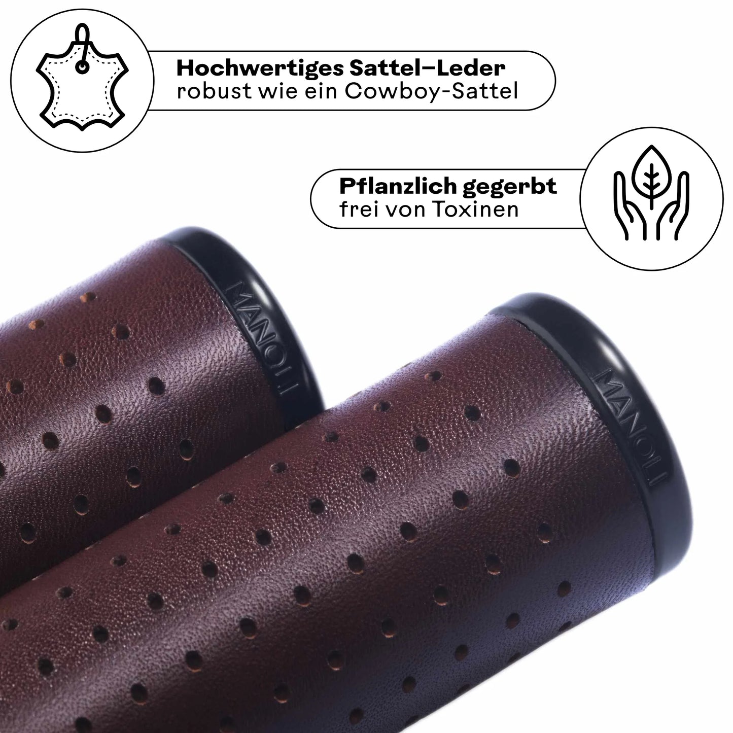 Manoli Fahrradgriffe aus hochwertigem, pflanzlich gegerbtem Sattelleder Dunkelbraun (Mocca) mit schwarzem Klemmring – robust wie ein Cowboy-Sattel und frei von Toxinen. Perfekt für stilbewusste Radfahrer, die langlebige und nachhaltige Ledergriffe für ihr Brompton oder Faltrad suchen.