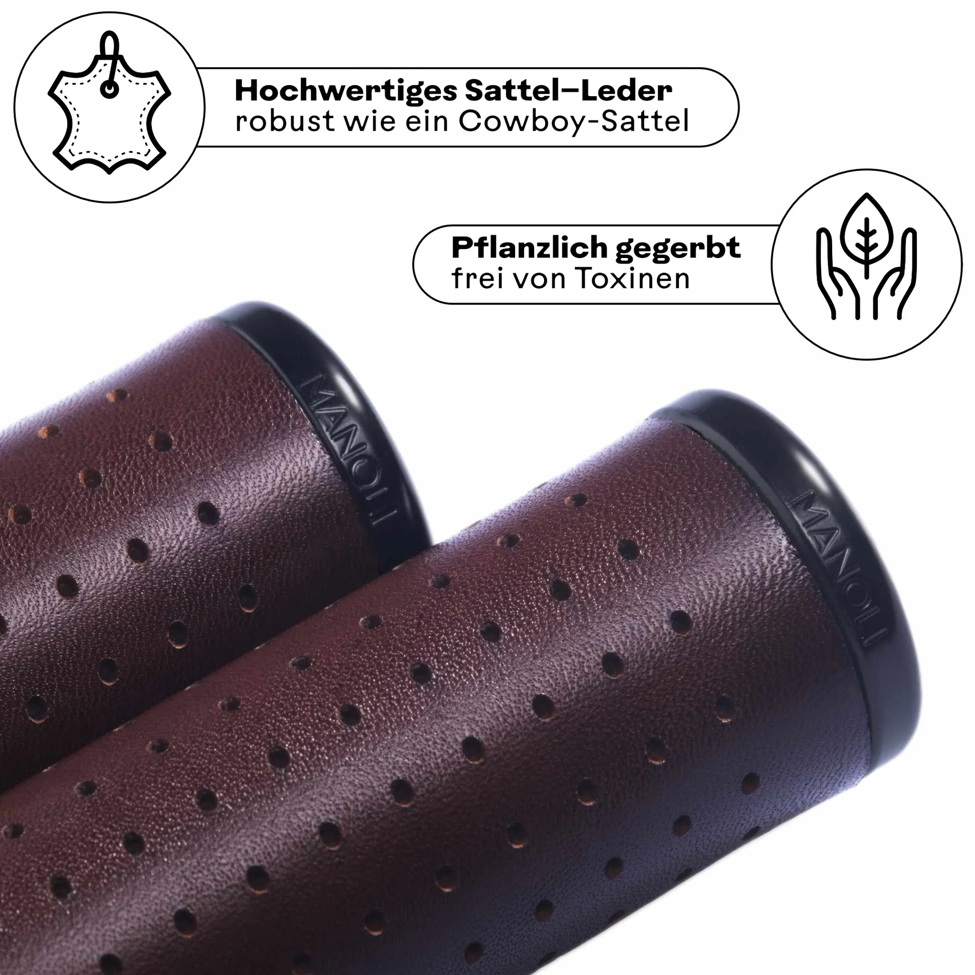Manoli Fahrradgriffe aus hochwertigem, pflanzlich gegerbtem Sattelleder Dunkelbraun (Mocca) mit schwarzem Klemmring – robust wie ein Cowboy-Sattel und frei von Toxinen. Perfekt für stilbewusste Radfahrer, die langlebige und nachhaltige Ledergriffe für ihr Brompton oder Faltrad suchen.