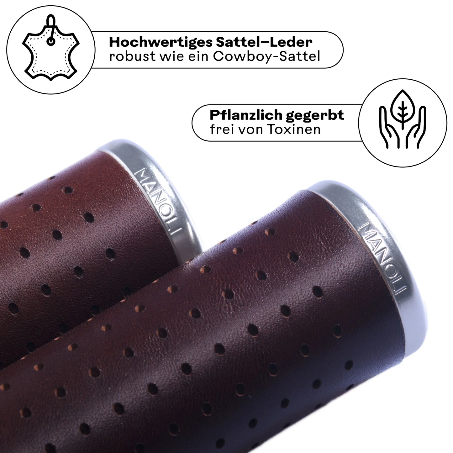 Manoli Fahrradgriffe aus hochwertigem, pflanzlich gegerbtem Sattelleder Dunkelbraun (Mocca) mit Silber Klemmring – robust wie ein Cowboy-Sattel und frei von Toxinen. Perfekt für stilbewusste Radfahrer, die langlebige und nachhaltige Ledergriffe für ihr Brompton oder Faltrad suchen.