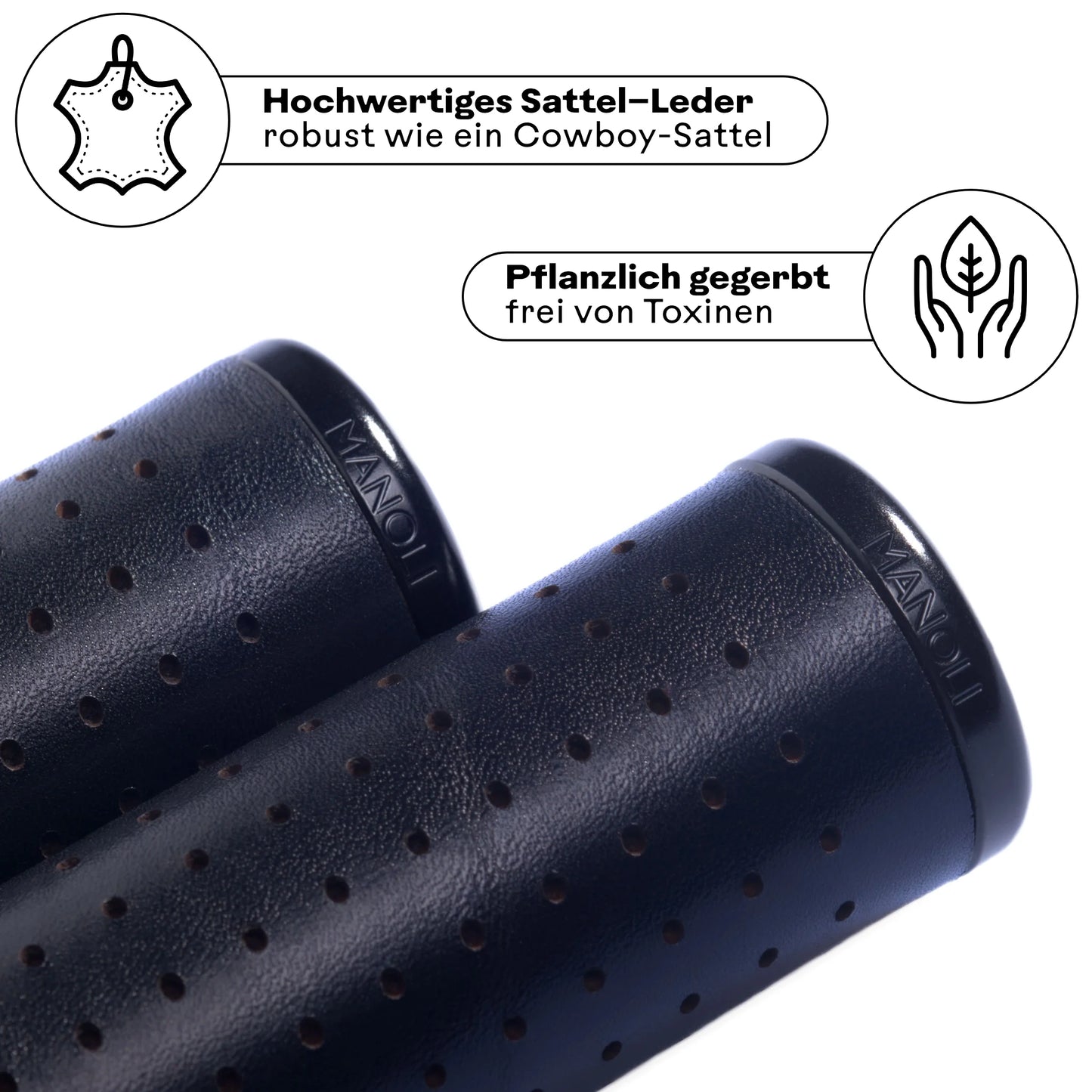 Manoli Fahrradgriffe aus hochwertigem, pflanzlich gegerbtem Sattelleder Schwarz (Nero) mit schwarzem Klemmring – robust wie ein Cowboy-Sattel und frei von Toxinen. Perfekt für stilbewusste Radfahrer, die langlebige und nachhaltige Ledergriffe für ihr Brompton oder Faltrad suchen.
