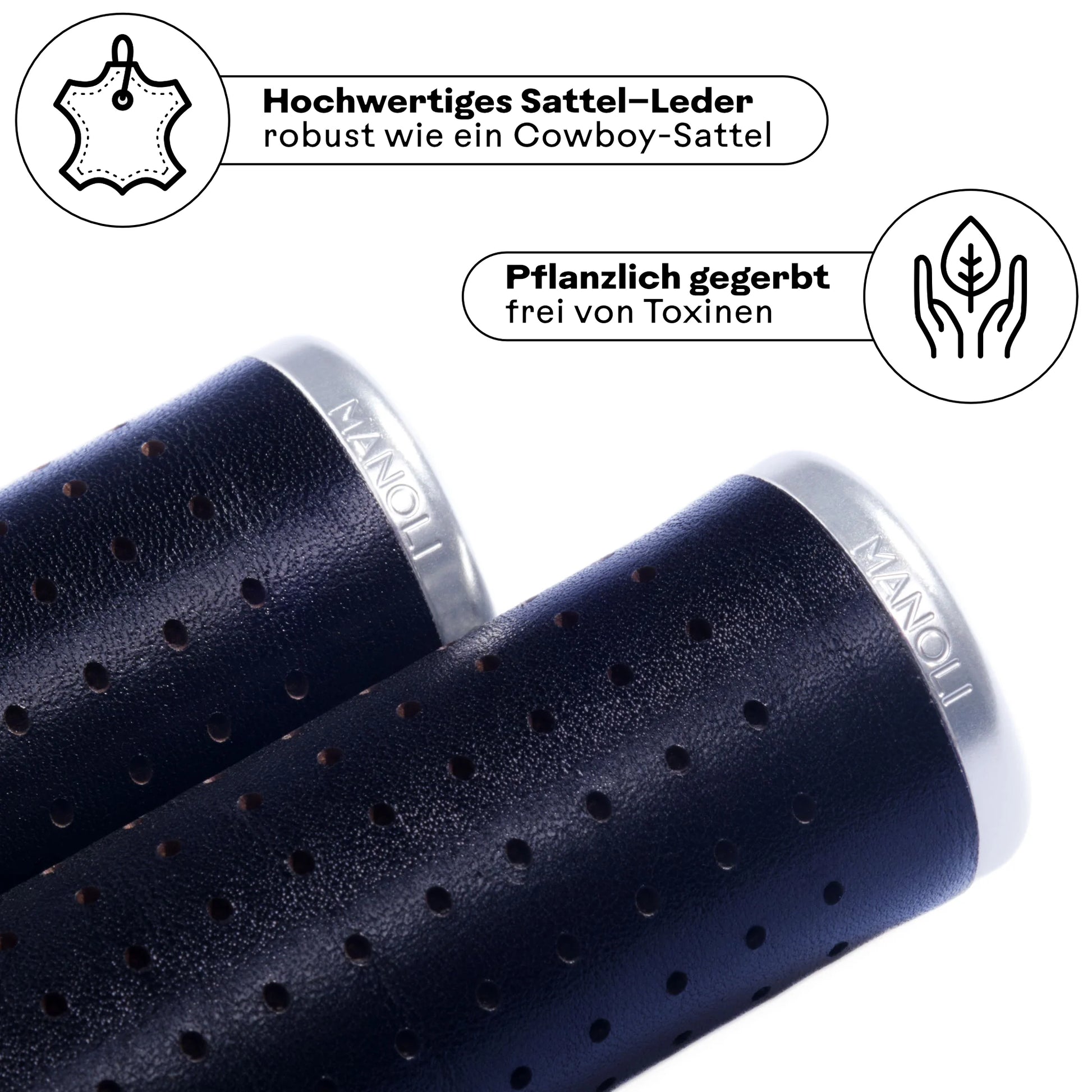 Manoli Fahrradgriffe aus hochwertigem, pflanzlich gegerbtem Sattelleder Schwarz (Nero) mit Silber Klemmring – robust wie ein Cowboy-Sattel und frei von Toxinen. Perfekt für stilbewusste Radfahrer, die langlebige und nachhaltige Ledergriffe für ihr Brompton oder Faltrad suchen.