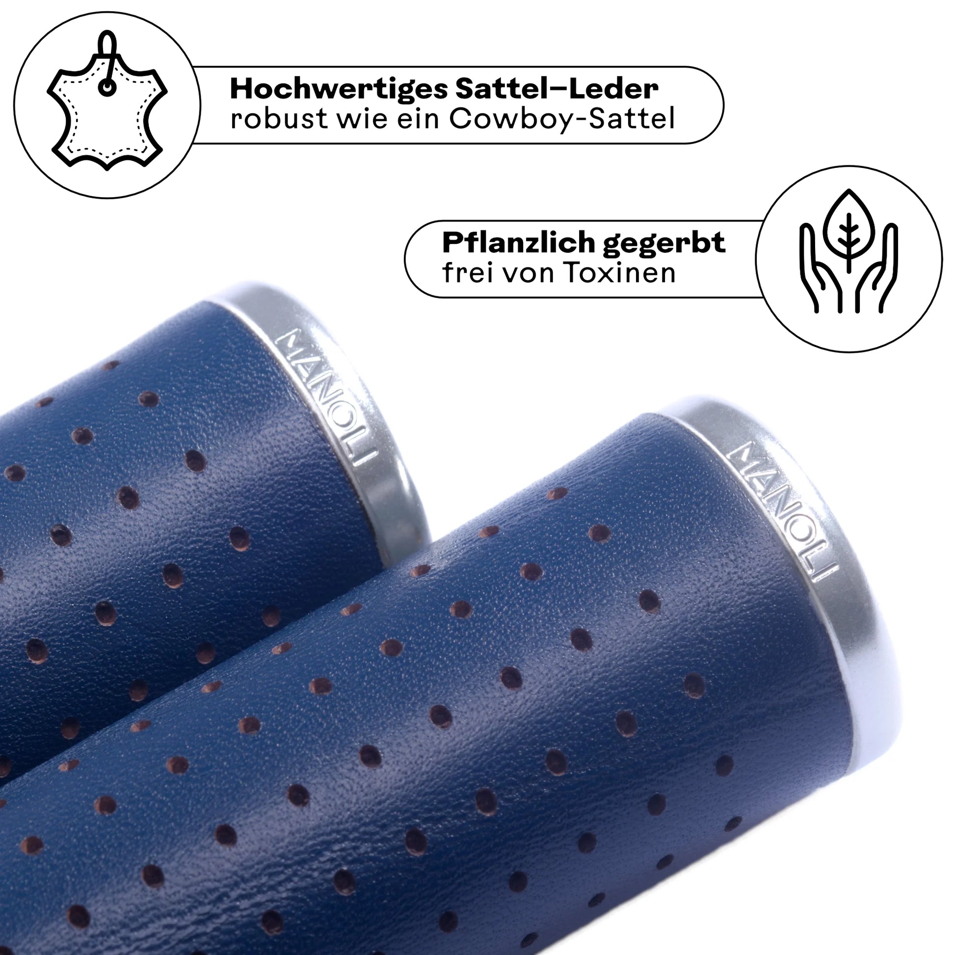 Manoli Fahrradgriffe aus hochwertigem, pflanzlich gegerbtem Sattelleder Blau mit Silber Klemmring – robust wie ein Cowboy-Sattel und frei von Toxinen. Perfekt für stilbewusste Radfahrer, die langlebige und nachhaltige Ledergriffe für ihr Brompton oder Faltrad suchen.