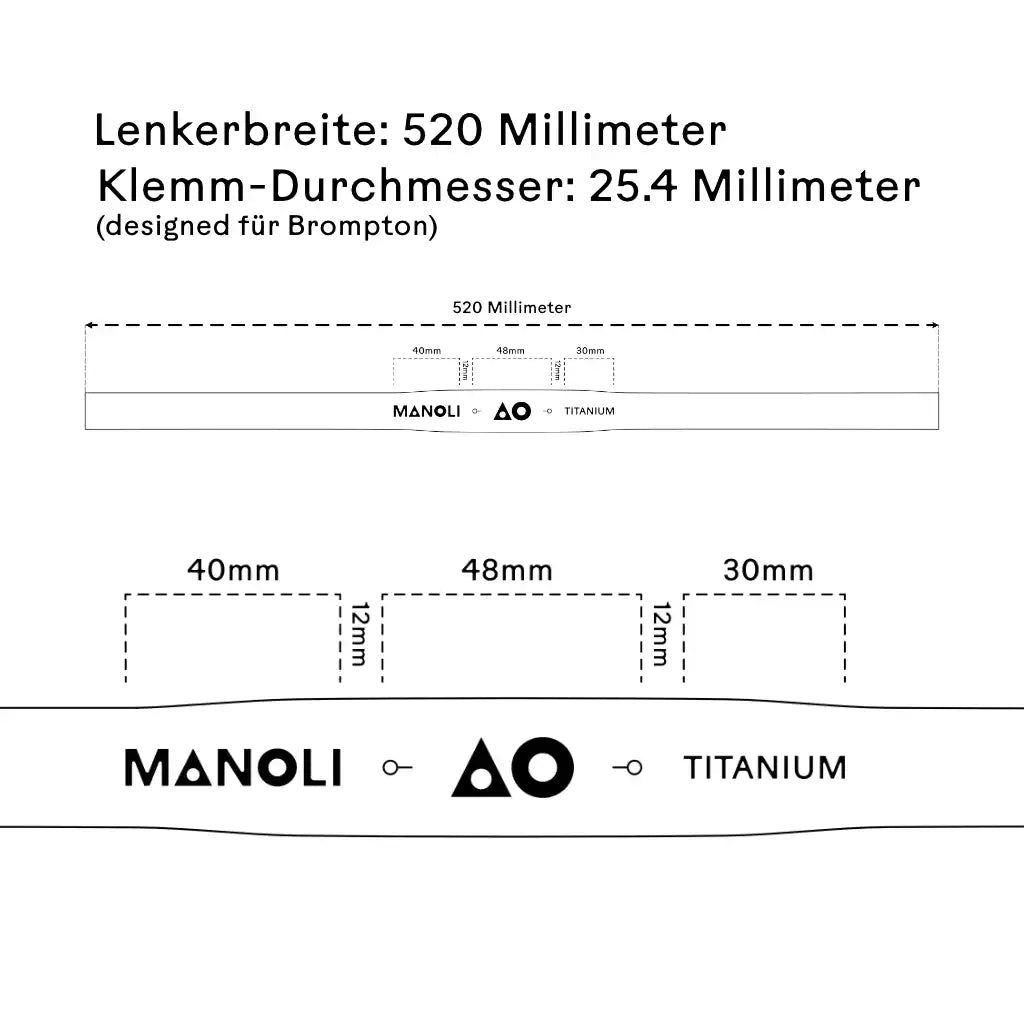 Technische Zeichnung des Manoli Titanlenkers für Brompton – Lenkerbreite 520 mm, Klemm-Durchmesser 25,4 mm. Präzise Passform für Brompton-Falträder.