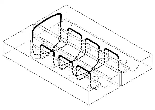 Technische Zeichnung der Nahtkonstruktion von Manoli Ledergriffen – präzise gefertigte, versenkte Sattlernaht für maximale Haltbarkeit und erstklassige Verarbeitung.