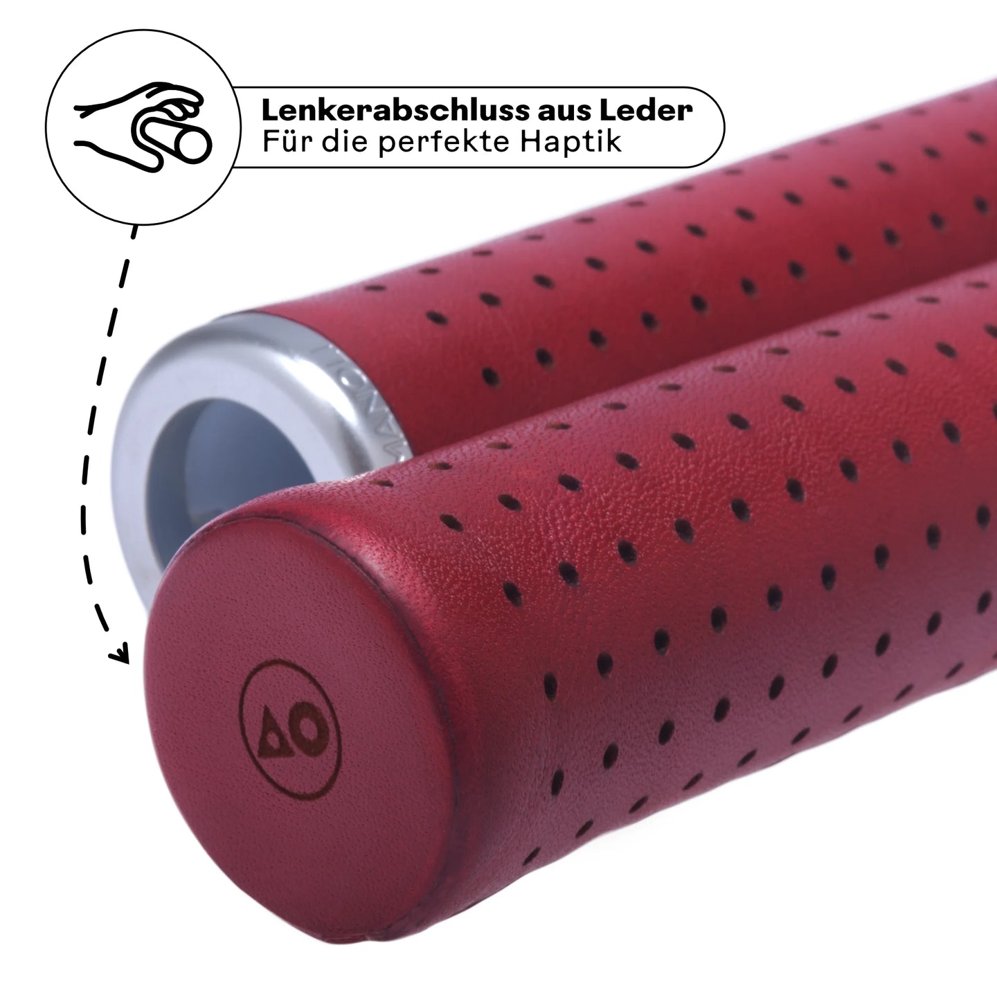 Manoli Fahrradgriffe Leder rot (Bordeaux) mit hochwertigem Lenkerabschluss aus Leder – perfekte Haptik und edles Design für Brompton und Falträder. Handgefertigt für maximalen Komfort und Langlebigkeit.