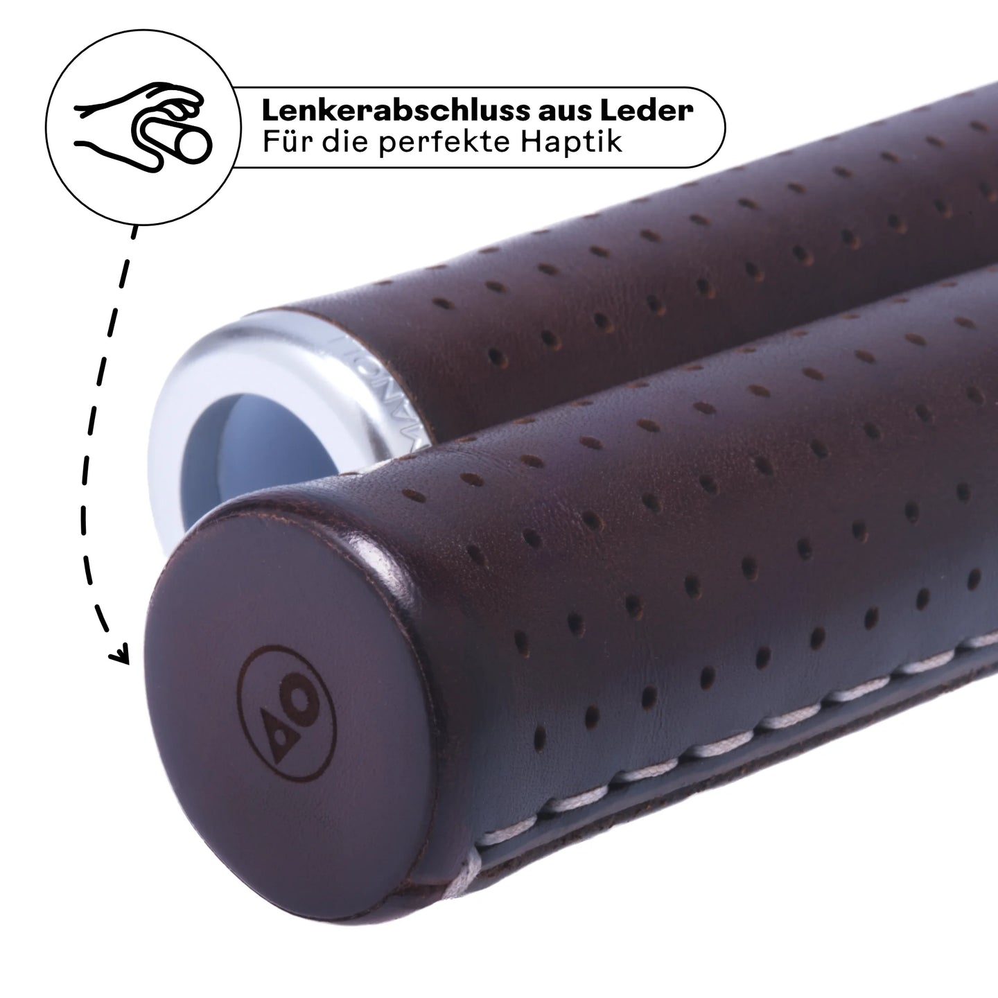 Manoli Fahrradgriffe Lederdunkelbraun (Mocca) mit hochwertigem Lenkerabschluss aus Leder – perfekte Haptik und edles Design für Brompton und Falträder. Handgefertigt für maximalen Komfort und Langlebigkeit.