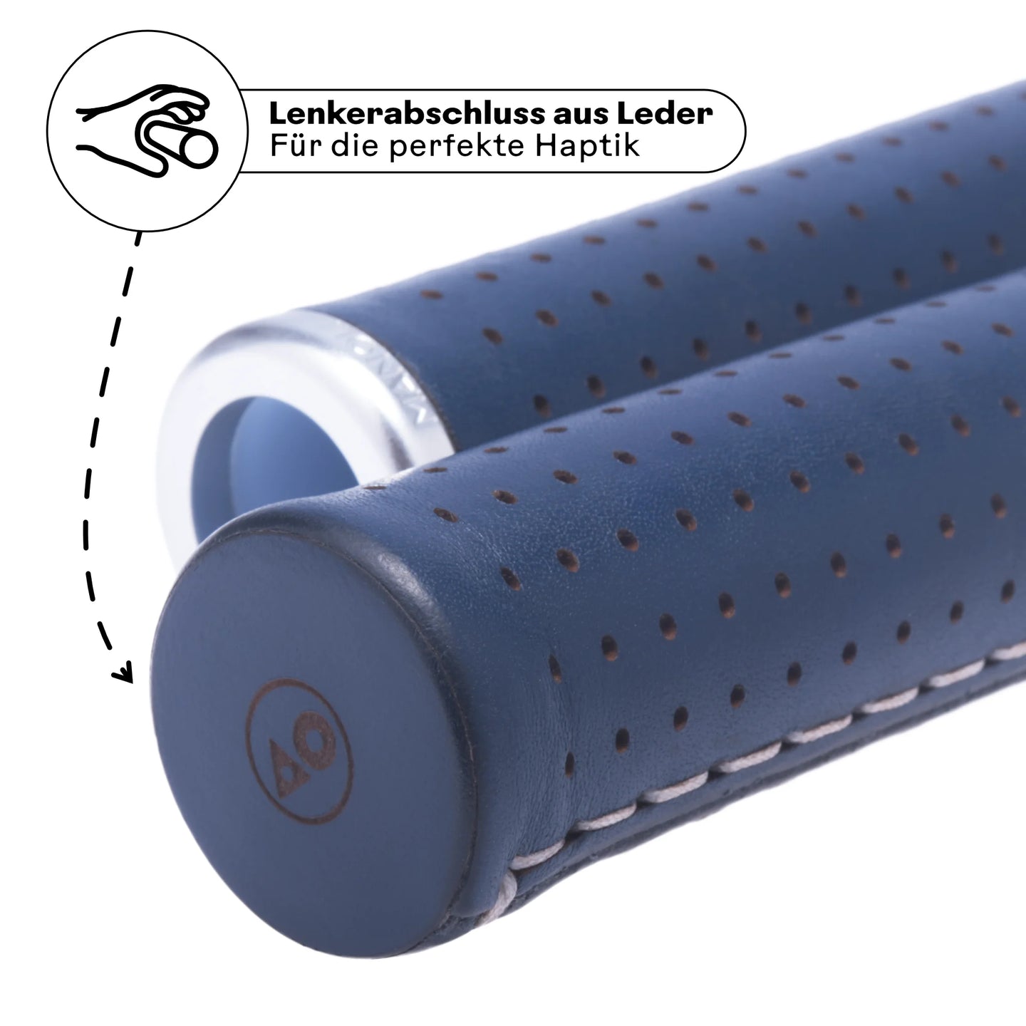 Manoli Fahrradgriffe Leder blau (Uva Blu) mit hochwertigem Lenkerabschluss aus Leder – perfekte Haptik und edles Design für Brompton und Falträder. Handgefertigt für maximalen Komfort und Langlebigkeit.
