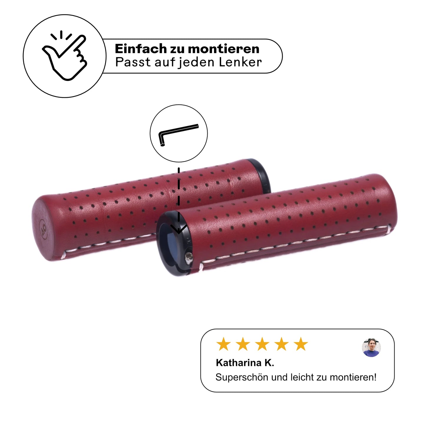 Fahrradgriffe aus Leder rot (Bordeaux) mit einfacher Schraubmontage – passt auf jeden Lenker. Hochwertige Verarbeitung mit schwarzen Aluminium-Klemmen für sicheren Halt. Kundenbewertung: 'Superschön und leicht zu montieren!' Perfekt für stilbewusste Radfahrer.