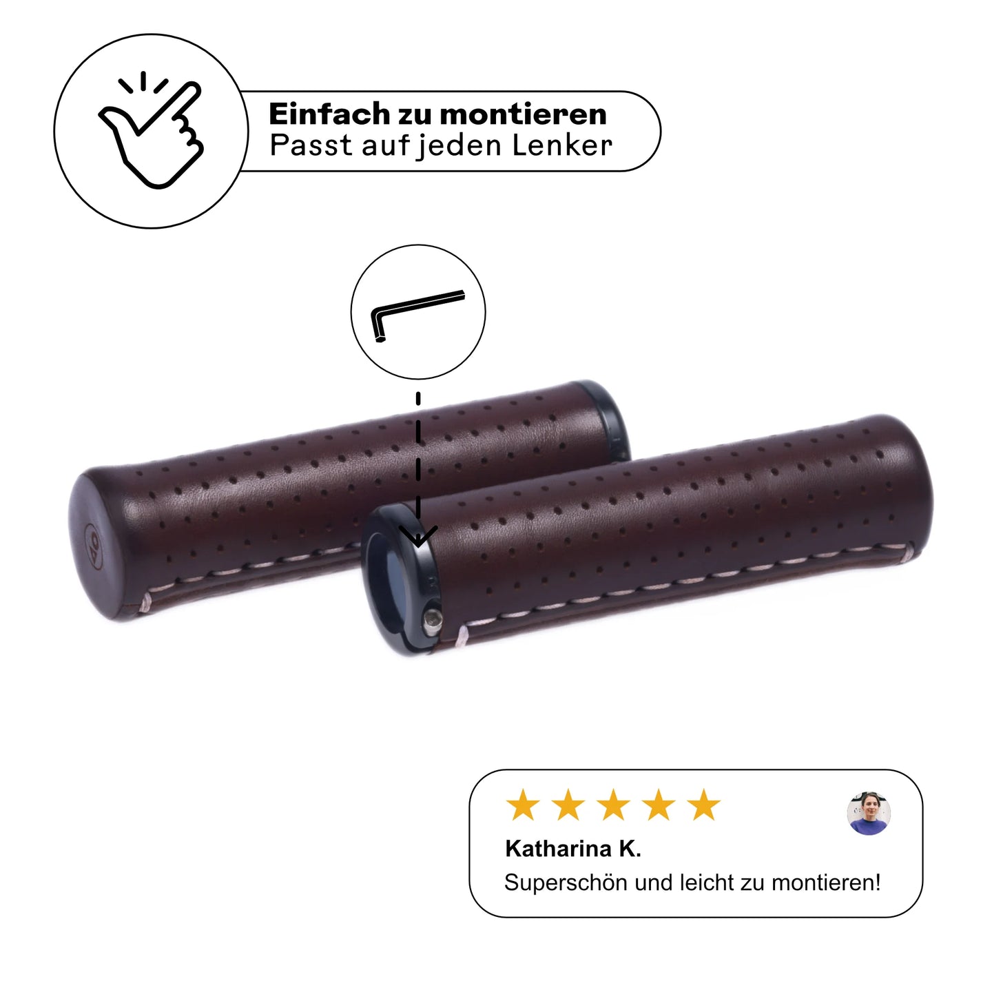 Fahrradgriffe aus Leder dunkelbraun (Mocca) mit einfacher Schraubmontage – passt auf jeden Lenker. Hochwertige Verarbeitung mit schwarzen Aluminium-Klemmen für sicheren Halt. Kundenbewertung: 'Superschön und leicht zu montieren!' Perfekt für stilbewusste Radfahrer.