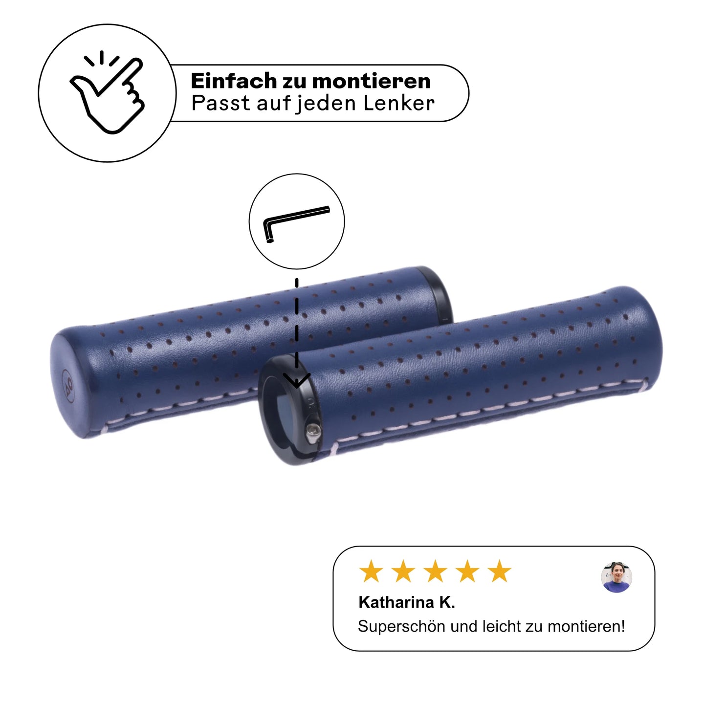 Fahrradgriffe aus Leder blau (Uva Blu) mit einfacher Schraubmontage – passt auf jeden Lenker. Hochwertige Verarbeitung mit schwarzen Aluminium-Klemmen für sicheren Halt. Kundenbewertung: 'Superschön und leicht zu montieren!' Perfekt für stilbewusste Radfahrer.