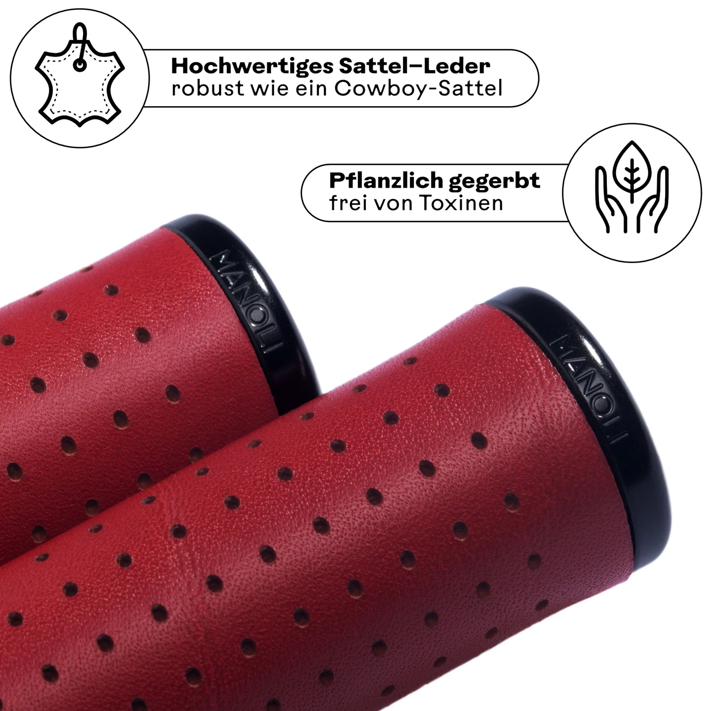 Manoli Fahrradgriffe aus hochwertigem, pflanzlich gegerbtem Sattelleder Rot (Bordeaux) mit schwarzem Klemmring – robust wie ein Cowboy-Sattel und frei von Toxinen. Perfekt für stilbewusste Radfahrer, die langlebige und nachhaltige Ledergriffe für ihr Brompton oder Faltrad suchen.