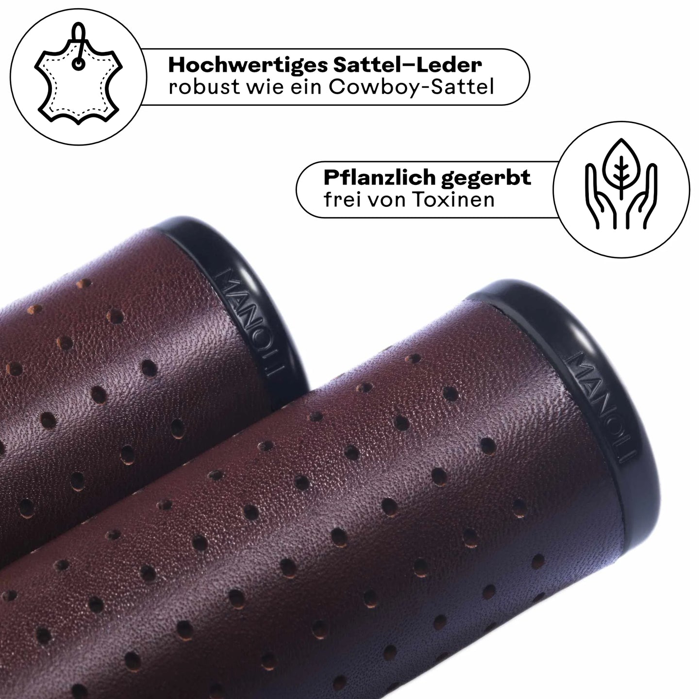 Manoli Fahrradgriffe aus hochwertigem, pflanzlich gegerbtem Sattelleder Dunkelbraun (Mocca) mit schwarzem Klemmring – robust wie ein Cowboy-Sattel und frei von Toxinen. Perfekt für stilbewusste Radfahrer, die langlebige und nachhaltige Ledergriffe für ihr Brompton oder Faltrad suchen.