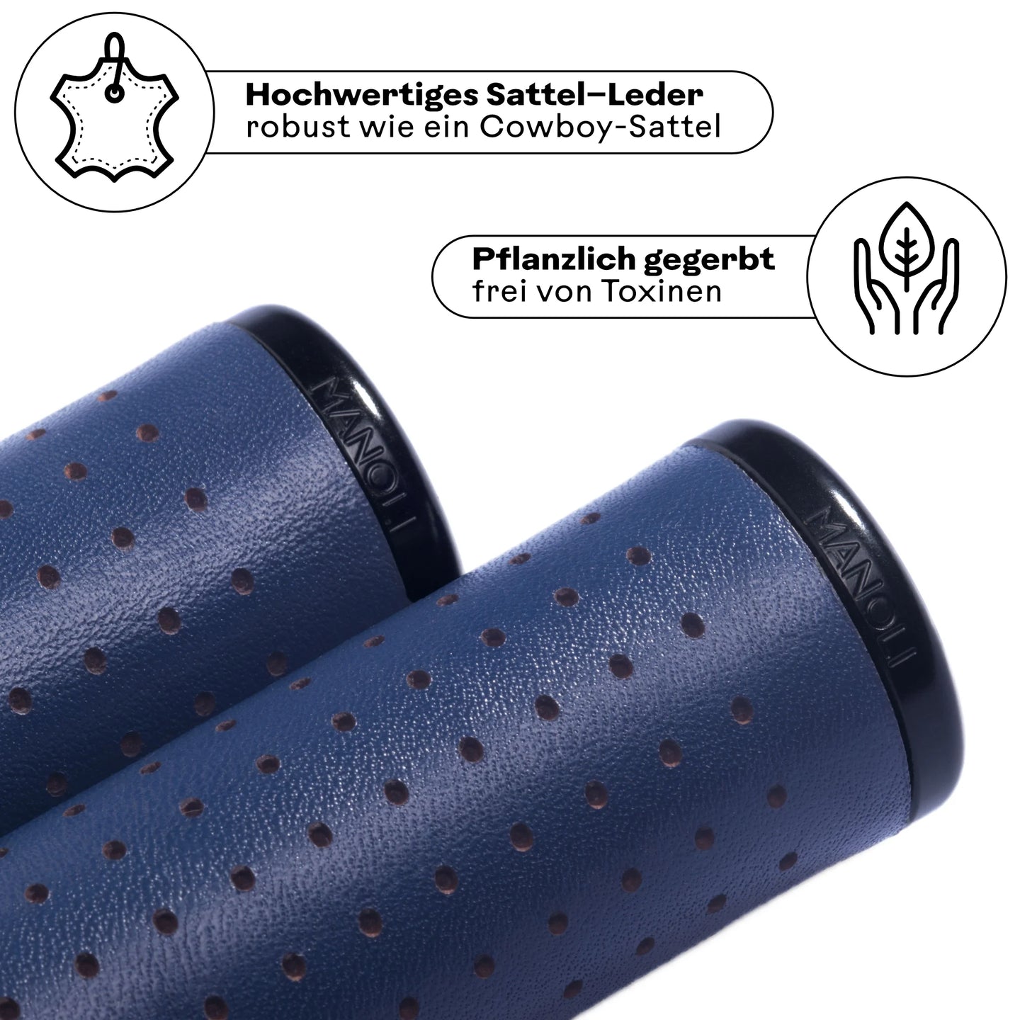 Manoli Fahrradgriffe aus hochwertigem, pflanzlich gegerbtem Sattelleder Blau (Uva Blu) mit schwarzem Klemmring – robust wie ein Cowboy-Sattel und frei von Toxinen. Perfekt für stilbewusste Radfahrer, die langlebige und nachhaltige Ledergriffe für ihr Brompton oder Faltrad suchen.